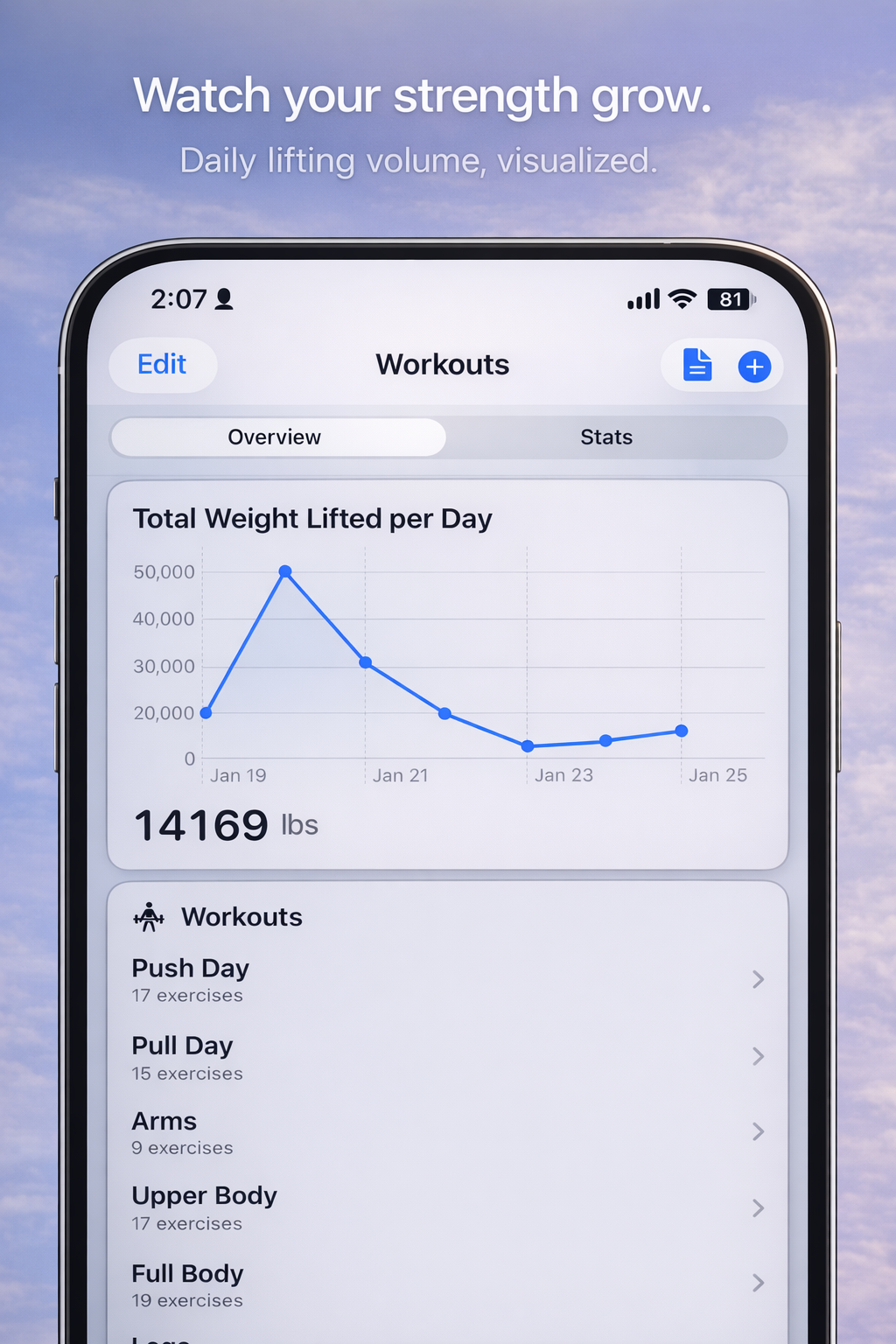 Workout tracking with daily lifting volume chart and workout list