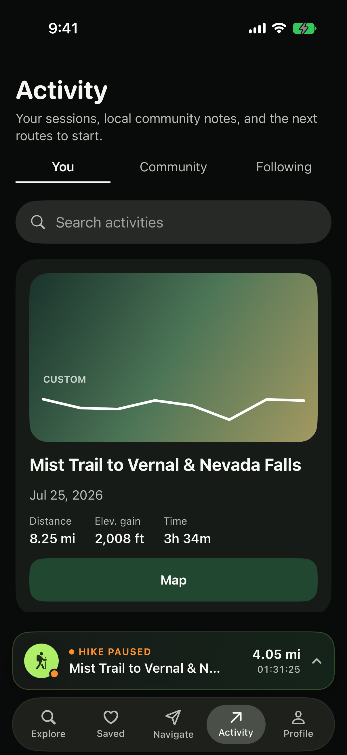Hiking+ Activity screen with a completed Mist Trail hike, distance, elevation gain, and time